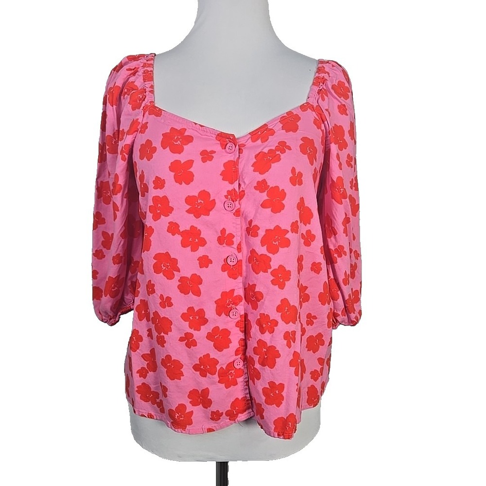 Sanctuary‎ Pink Red Floral Crayon Poplin 3/4 Sleeve Button Front Crop Top Medium